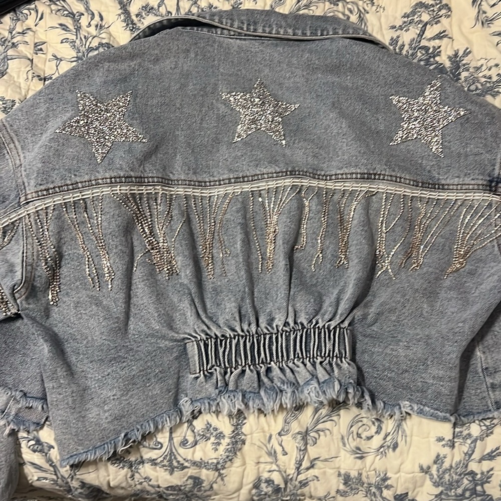 Crop jean jacket with rhinestones